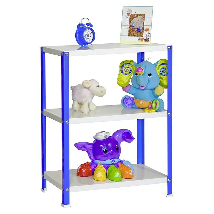 Simonrack Simonhome Metallregal Classic Mini - H x B x T: 90 x 80 x 30 cm, Traglast pro Boden: 100 kg, Anzahl Böden: 3 Stk., Schrauben, Blau/Weiß - Regal mit blauem Rahmen und Spielzeugen wie einem Elefanten, einem Schaf und einem Fotoalbum.