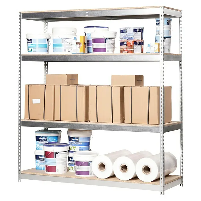 Simonrack Simonforte Schwerlastregal Simonforte Chipboard - H x B x T: 200 x 180 x 75 cm, Traglast pro Boden: 600 kg, Anzahl Böden: 4 Stk., Stecken, Silber - Metallregal mit Farbeimern, Kartons und Folienrollen. Ideal für Lagerung und Organisation in Werkstatt oder Lagerraum.
