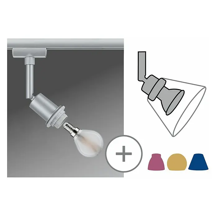 Paulmann URail LED-Spot DecoSystems - Lampenfassung: E14, Farbe: Chrom matt - Das Bild zeigt eine moderne Schienenleuchte in Silber mit auswechselbarem Leuchtmittel. Verschiedene Lampenschirmvarianten werden als Zubehör angeboten.