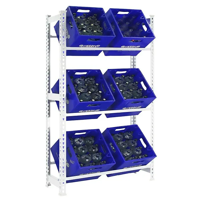 Simonrack Simonbottle Getränkekistenregal Bottleclick - H x B x T: 180 x 80 x 30 cm, Traglast Einlegeboden: 100 kg, Anzahl Böden: 3 Stk., Stecken, Weiß - Regal mit blauen Kisten voller Glasflaschen, ideal für die Lagerung von Getränken. Übersichtliche Präsentation der Produkte auf drei Ebenen.