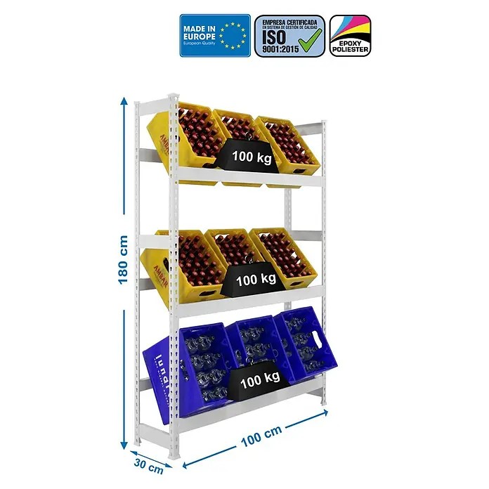 Simonrack Simonbottle Getränkekistenregal Bottleclick - H x B x T: 180 x 100 x 30 cm, Traglast Einlegeboden: 100 kg, Anzahl Böden: 3 Stk., Stecken, Weiß - Abbildung eines weißen Lagerregals mit gelben und blauen Kisten, gefüllt mit Flaschen, und Gewichten, die die Regalkapazität demonstrieren.