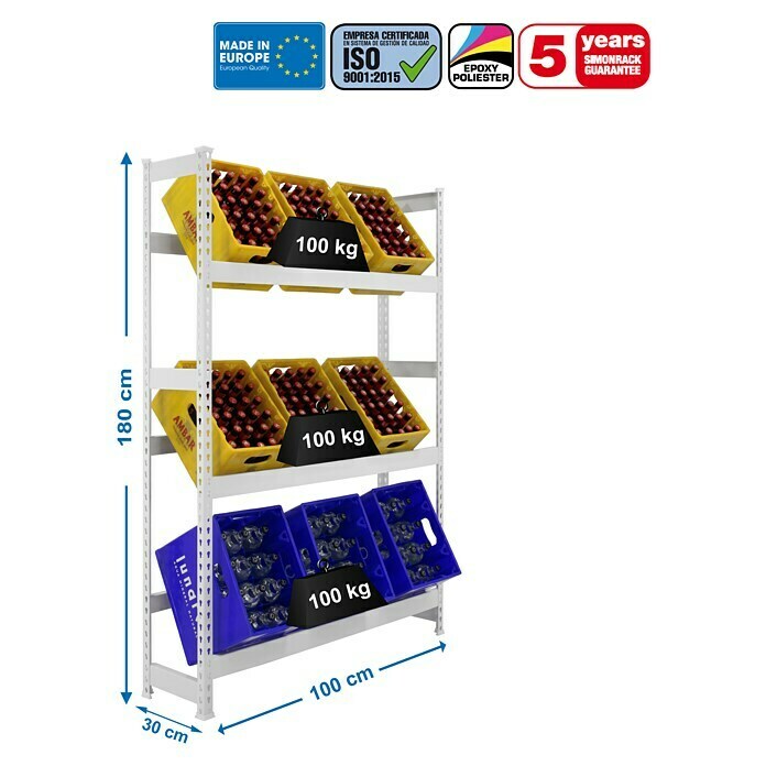 Simonrack Simonbottle Metall-Getränkekistenregal BottleclickL x B x H: 30 x 100 x 180 cm, Traglast: 100 kg/Boden, Anzahl Böden: 3 Stk., Weiß Sketch