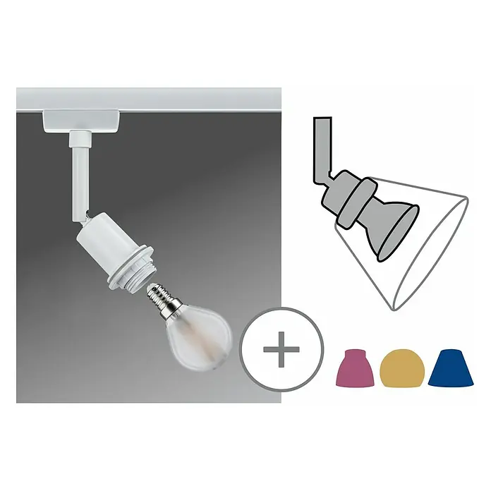 Paulmann URail LED-Spot DecoSystems - Lampenfassung: E14, Farbe: Weiß - Ein weißer Strahler an einer Schiene mit verschiedenen Aufsatzoptionen für die Beleuchtung.