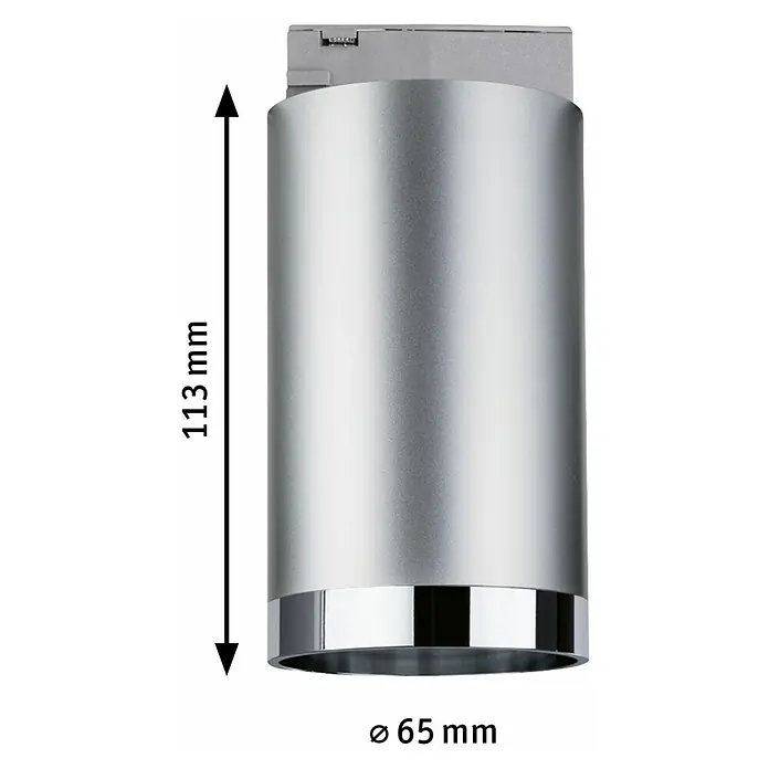 Paulmann URail LED-Spot Tube - Chrom, GU10, Ø x H: 6,5 x 12,8 cm - Produktansicht einer zylinderförmigen Leuchte aus Metall mit Maßangaben zu Höhe (113mm) und Durchmesser (65mm).
