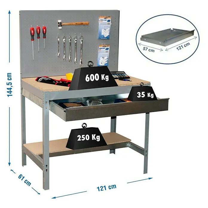 Simonrack Simonwork Werkbank Set BT2 Box 1200 - Grau/Holz, Breite: 121 cm - Ein robuster Werkzeugtisch mit Schublade, Ablage und einer Lochwand, der für eine Traglast von bis zu 600 kg ausgelegt ist.