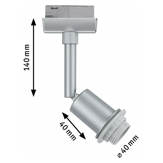 Paulmann URail LED-Spot DecoSystems - Lampenfassung: E14, Farbe: Chrom matt - Produktbild einer silberfarbenen Schienenleuchte mit den Maßen 140 mm Höhe und 40 mm Durchmesser.