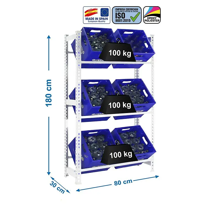 Simonrack Simonbottle Getränkekistenregal Bottleclick - H x B x T: 180 x 80 x 30 cm, Traglast Einlegeboden: 100 kg, Anzahl Böden: 3 Stk., Stecken, Weiß - Abbildung eines weißen Schwerlastregals mit drei Ebenen, die jeweils mit zwei blauen Kisten bestückt und mit Gewichten von 100 kg belastet sind.