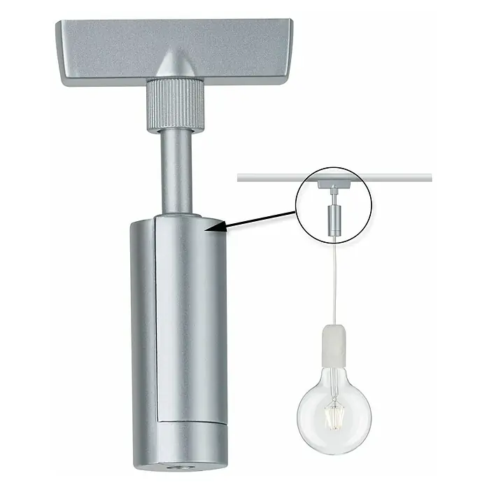 Paulmann URail Pendeladapter Universal - Chrom - Produktbild eines silbernen Aufhängesystems für Lampen, das an einer Schiene befestigt ist und eine Glühbirne hält.