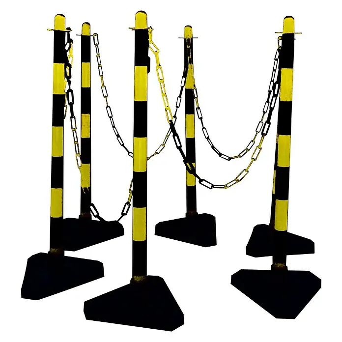 Schake Kettenständer-Set 4040 KBS - 6 Stk., Kunststoff, Gelb/Schwarz - Schwarz-gelbe Absperrpfosten mit Ketten, die einen Sicherheitsbereich abgrenzen. Ideal für Baustellen oder Veranstaltungsorte.