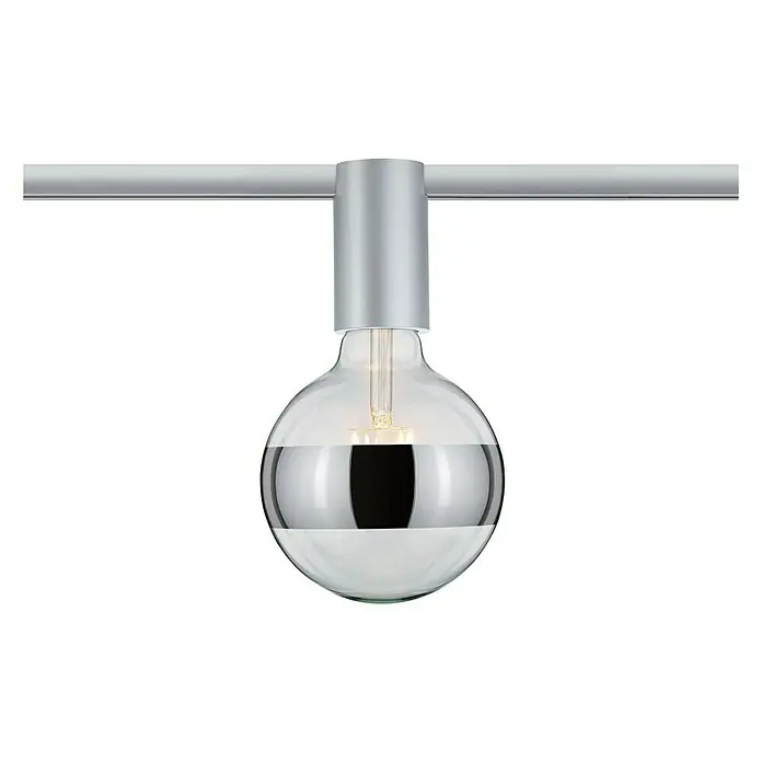 Paulmann URail Deckenleuchte Ceiling Socket - 20 W, Lampenfassung: E27, Chrom matt - Silberne Lampe mit einer runden Glühbirne mit verspiegelter Mitte, die an einer horizontalen Stange befestigt ist.