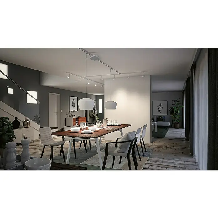 Paulmann URail Mittel-Einspeisung Zigbee - 300 W, Weiß - Esszimmer mit Esstisch, Stühlen und Pendelleuchten an einer Schiene, die eine moderne und elegante Beleuchtungslösung bieten.