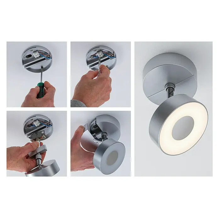 Paulmann URail LED-Spot Spot-Base - Chrom, 10 cm - Schritte zur Installation einer runden LED-Deckenleuchte in Silber.