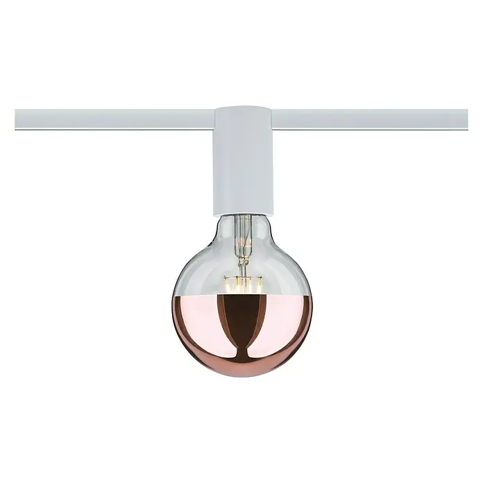 Paulmann URail Deckenleuchte Ceiling Socket - 20 W, Lampenfassung: E27, Weiß - Eine einzelne Glühbirne hängt an einer weißen Leine, die Unterseite ist kupferfarben, und sorgt für ein warmes Licht.