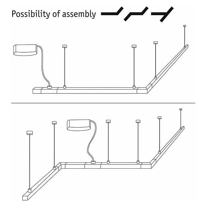 Paulmann URail Schienensystem - 1,8 x 200 cm - Eine Illustration zeigt verschiedene Montagemöglichkeiten für eine Eck-Deckenleuchte mit Abhängungen.