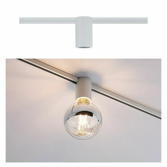 Paulmann URail Deckenleuchte Ceiling Socket - 20 W, Lampenfassung: E27, Weiß - Eine moderne weiße Schienenleuchte mit einem runden, verchromten Lampenschirm, der eine Glühbirne enthält. Elegantes Design für moderne Innenräume.