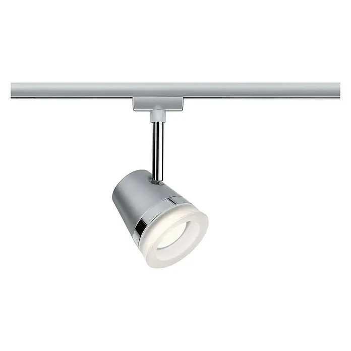 Paulmann URail Spot Cone - Chrom matt, Lichtfarbe: RGBW - Nahaufnahme einer modernen Schienenleuchte in Silber und Weiß mit LED-Technologie vor schwarzem Hintergrund. Ideal für gezielte Beleuchtung.