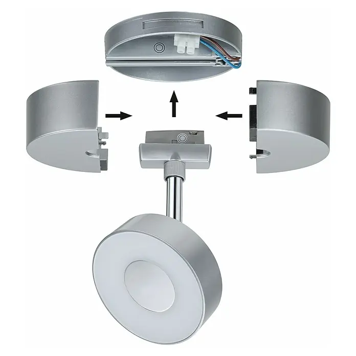 Paulmann URail LED-Spot Spot-Base - Chrom, 10 cm - Abbildung einer zerlegten silbernen LED-Spotleuchte, die die einzelnen Komponenten und die Montageanleitung zeigt.