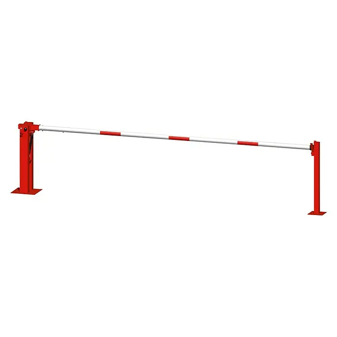Schake Handschranke - Mit Auflagepfosten, Art Schloss: Dreikantverriegelung, Länge: 3.180 mm - Roter Schrankenbaum mit weiß-roten Streifen für die Verkehrskontrolle.