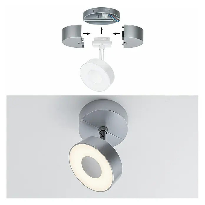 Paulmann URail LED-Spot Spot-Base - Chrom, 10 cm - Eine LED-Deckenleuchte in Silber wird in Einzelteilen und montiert gezeigt. Das moderne Design passt perfekt in jedes Zuhause.