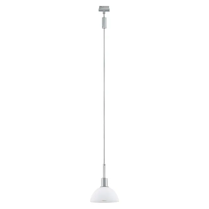 Paulmann URail Pendelleuchte Sarrasani - E14, Chrom-matt, Opal - Eine moderne Leuchte mit einer schlanken, silbernen Stange und einem halbrunden, weißen Lampenschirm, die ein elegantes Ambiente schafft.