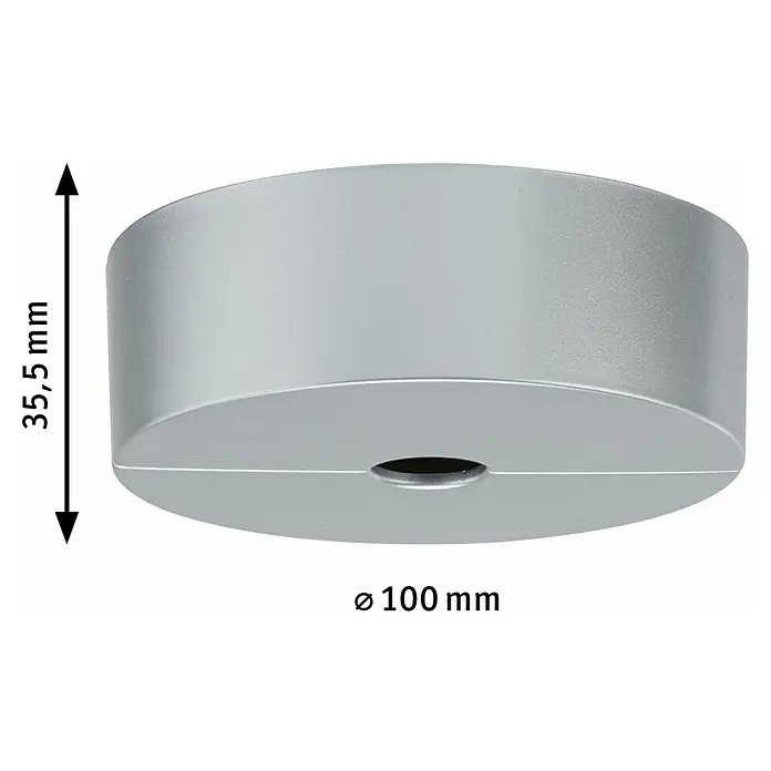 Paulmann URail LED-Spot Spot-Base - Chrom, 10 cm - Nahaufnahme eines silbernen, zylindrischen Deckengehäuses mit Größenangaben (35,5mm hoch, 100mm Durchmesser).