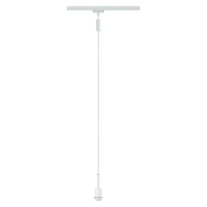 Paulmann URail Pendelleuchte DecoSystems - E14, Höhe: 135 cm, Weiß - Eine weiße Pendelleuchte mit minimalistischem Design hängt von einer Schiene und bietet eine stilvolle Beleuchtungslösung.