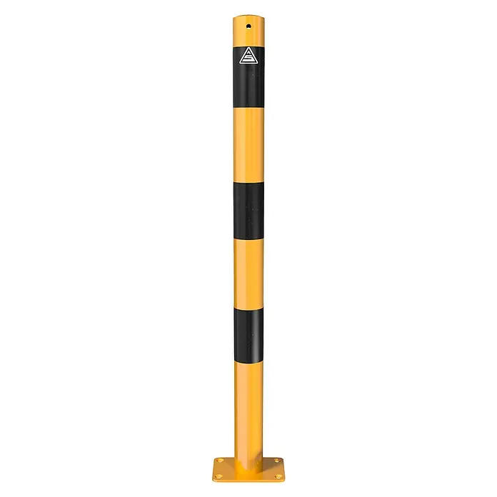 Schake Absperrpfosten Typ 460PBG - Stahl, Gelb/Schwarz, Ohne Öse - Gelb-schwarzer Absperrpfosten mit reflektierendem Symbol. Ideal zur Verkehrslenkung und als Sicherheitsbarriere in verschiedenen Umgebungen.