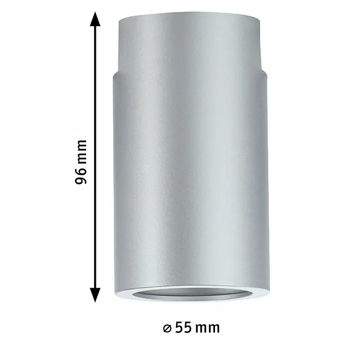 Paulmann URail Deckenleuchte Ceiling Socket - 20 W, Lampenfassung: E27, Chrom matt - Abbildung eines silberfarbenen, zylindrischen LED-Deckenspots mit den Maßen 96 mm Höhe und 55 mm Durchmesser für Innenräume.