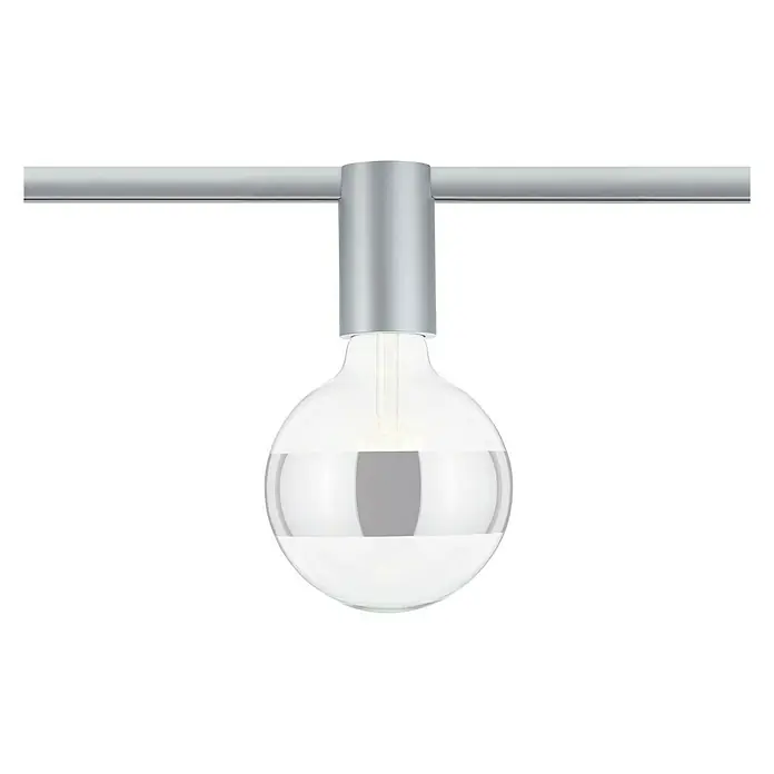Paulmann URail Deckenleuchte Ceiling Socket - 20 W, Lampenfassung: E27, Chrom matt - Nahaufnahme einer modernen Glühbirne mit Chromhalterung und durchsichtigem Glaskolben vor schwarzem Hintergrund.