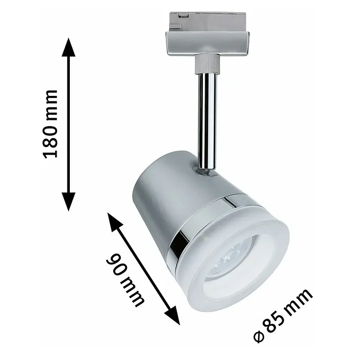 Paulmann URail Spot Cone - Chrom matt, Lichtfarbe: RGBW - Abbildung einer modernen, silbernen LED-Schiene mit den Maßen 180 mm Höhe, 90 mm Länge und 85 mm Durchmesser.