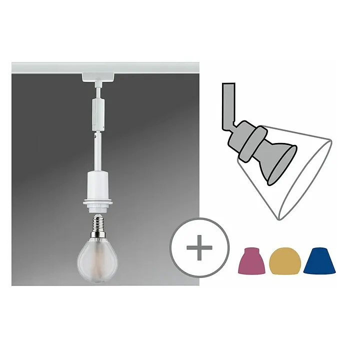 Paulmann URail Pendelleuchte DecoSystems - E14, Höhe: 135 cm, Weiß - Eine moderne Pendelleuchte mit austauschbaren Lampenschirmen, die vielseitige Lichtgestaltungsmöglichkeiten bietet. Das Design ist schlicht und funktional.