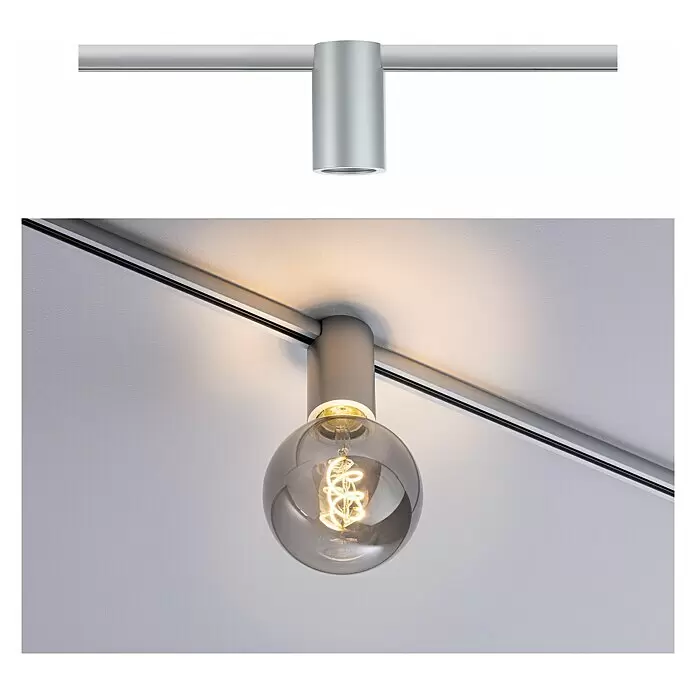 Paulmann URail Deckenleuchte Ceiling Socket - 20 W, Lampenfassung: E27, Chrom matt - Graue zylindrische Schienenleuchte mit kugelförmiger Rauchglasbirne und Spiralglühfaden, an einer Deckenschiene montiert.