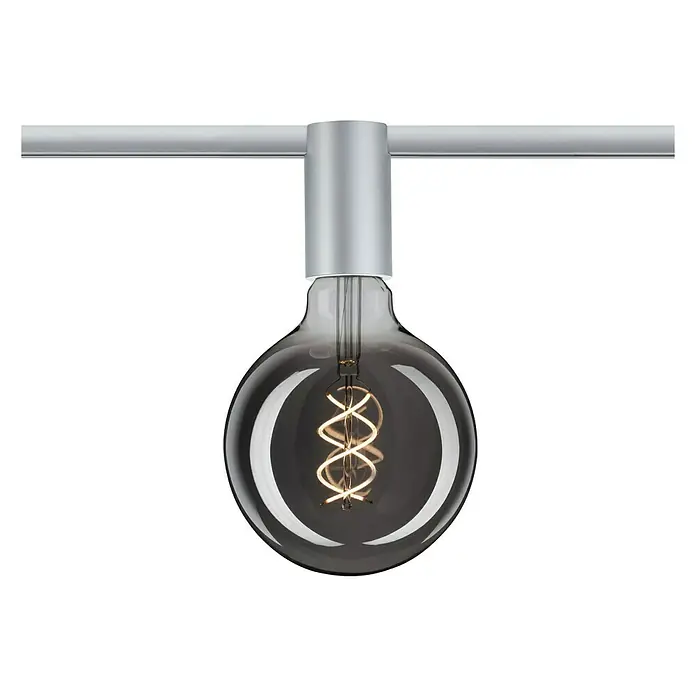 Paulmann URail Deckenleuchte Ceiling Socket - 20 W, Lampenfassung: E27, Chrom matt - Nahaufnahme einer stilvollen LED-Lampe mit spiralförmigem Glühfaden, die ein warmes, einladendes Licht verbreitet.