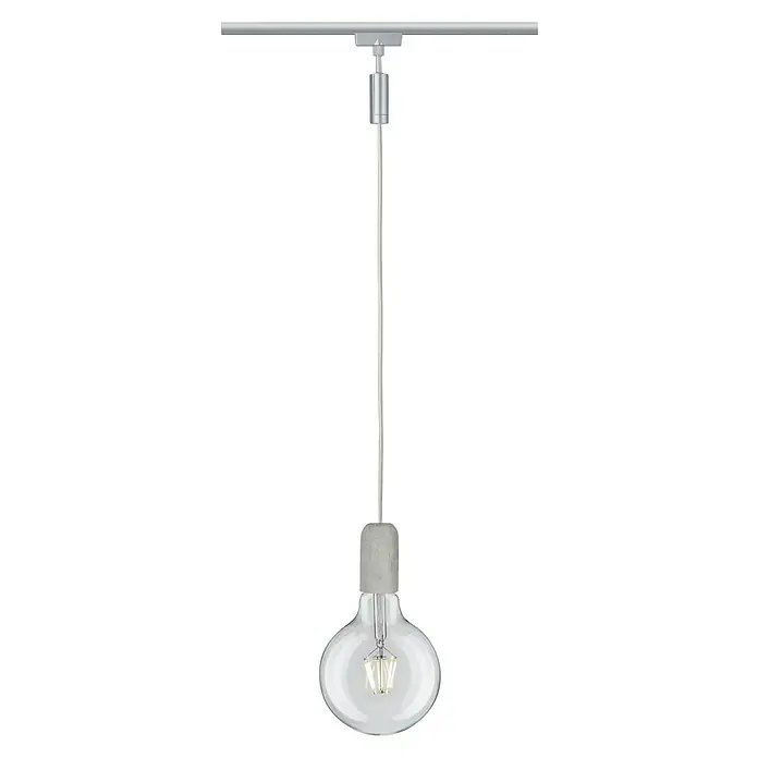 Paulmann URail Pendeladapter Universal - Chrom - Nahaufnahme einer Pendelleuchte mit einer Glühbirne, die von einer Betonkappe gehalten wird und an einer Metallschiene hängt.