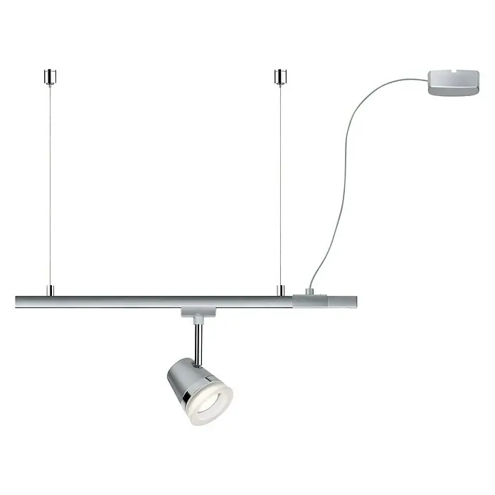Paulmann URail Stromeinspeisung Cable Feed - Chrom, 2 m - Das Bild zeigt ein schlichtes Schienensystem mit einem einzelnen Strahler, ideal für moderne Beleuchtungskonzepte und flexible Lichtgestaltung.