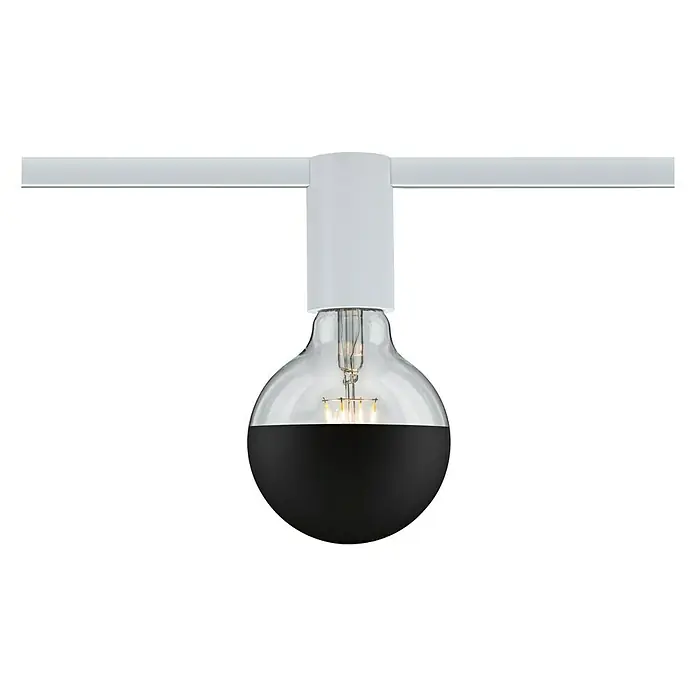 Paulmann URail Deckenleuchte Ceiling Socket - 20 W, Lampenfassung: E27, Weiß - Nahaufnahme einer eleganten Glühbirne mit schwarzem Sockel und klarem Glaskolben, befestigt an einer weißen Halterung.
