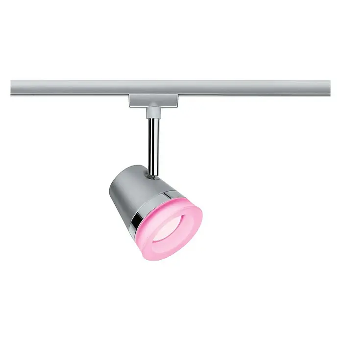 Paulmann URail Spot Cone - Chrom matt, Lichtfarbe: RGBW - Silberner LED-Strahler mit rosa Lichtakzent, montiert an einer Schiene. Beleuchtungskörper für moderne Innenräume mit flexibler Ausrichtung.