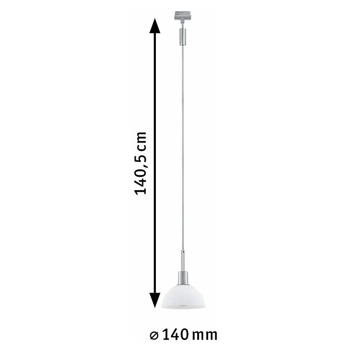 Paulmann URail Pendelleuchte Sarrasani - E14, Chrom-matt, Opal - Abbildung einer Pendelleuchte mit den Maßen 140,5 cm Höhe und 140 mm Durchmesser. Die Leuchte hat ein schlichtes, modernes Design.