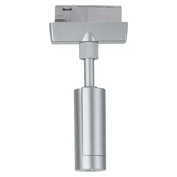 Paulmann URail Pendeladapter UniversalChrom - Nahaufnahme einer silbernen Strahlerlampe, die ein elegantes Design und präzise Verarbeitung für moderne Beleuchtungslösungen zeigt.