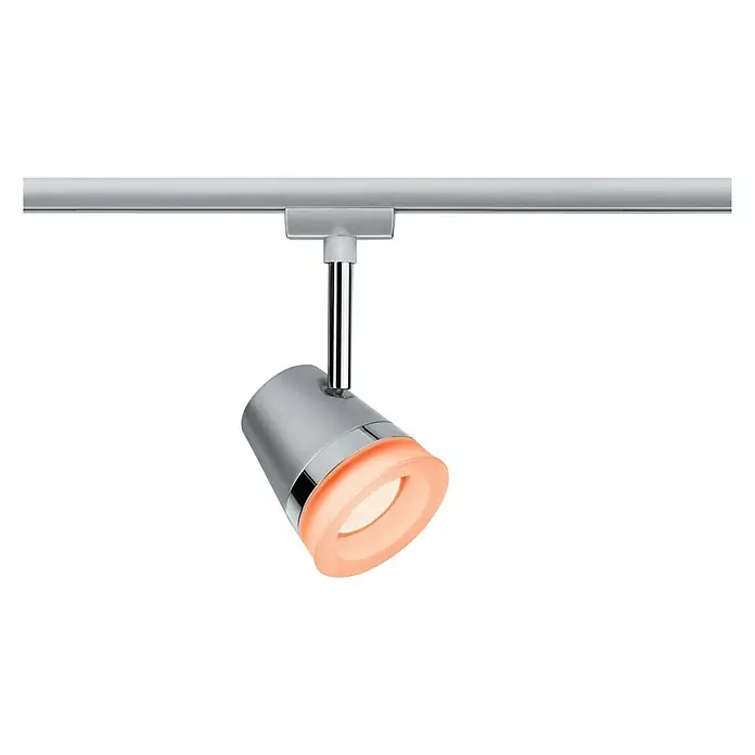 Paulmann URail Spot Cone - Chrom matt, Lichtfarbe: RGBW - Nahaufnahme einer modernen silbernen Strahlerlampe an einer Schiene, die warmes Licht ausstrahlt und einen eleganten Akzent setzt.