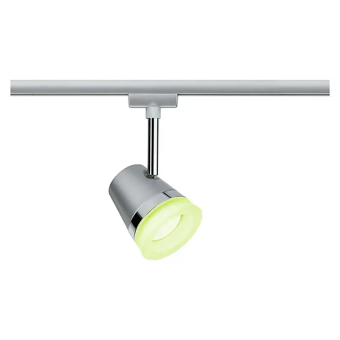 Paulmann URail Spot Cone - Chrom matt, Lichtfarbe: RGBW - Silberner LED-Strahler an einer Schiene, leuchtend gelbes Licht. Modernes Design für stilvolle Innenraumbeleuchtung.