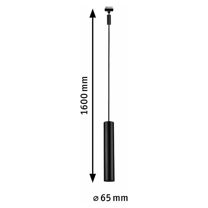 Paulmann URail Pendelleuchte Catalejo - 10 W, Schwarz matt, Höhe: 38,3 cm - Abbildung einer schwarzen Hängeleuchte mit den Maßen 1600 mm Höhe und 65 mm Durchmesser.