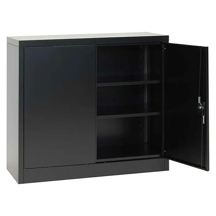 Regalux Armario multiusos metálico - L x An x Al: 41 x 80 x 90 cm, Negro - Armario metálico negro con estantes y una puerta abierta que muestra su capacidad de almacenamiento.