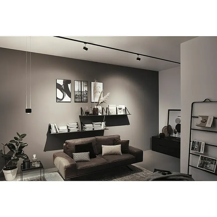 Paulmann URail LED-Pendelleuchte Aldan - Schwarz matt, Dimmbar - Ein stilvolles Wohnzimmer mit einem modernen braunen Sofa, Regalen mit Büchern und dekorativen Elementen, beleuchtet durch eine elegante Deckenbeleuchtung.