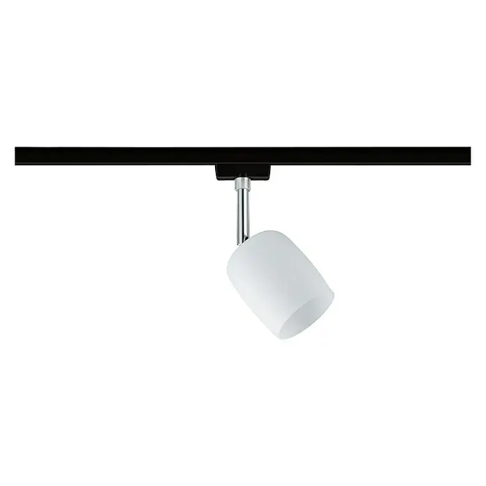 Paulmann URail LED-Spot Blossom10 W, Schwarz/Satin, G9, 1 Stk. - Auf dem Foto ist eine schicke, matte, weiße, zylindrische Lampe mit einem schlanken verchromten Arm zu sehen, die an einer schwarzen Schiene befestigt ist.