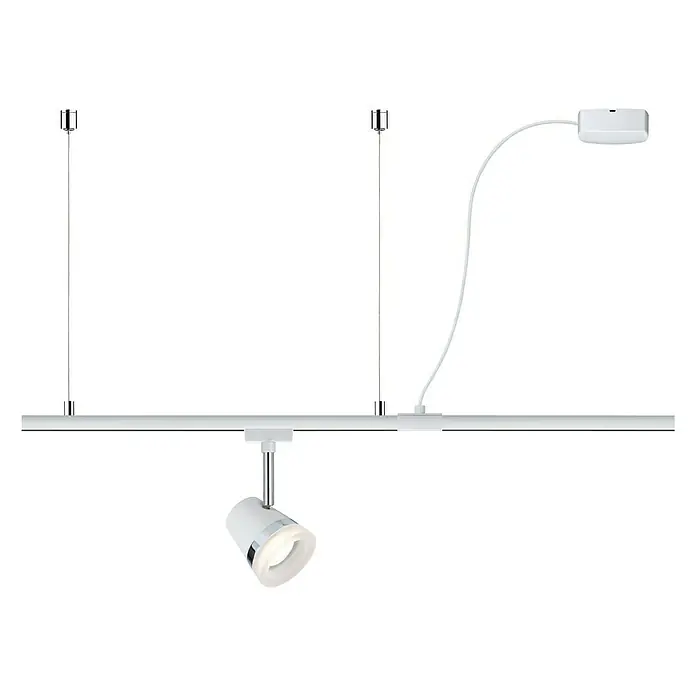 Paulmann URail Stromeinspeisung Cable Feed - Weiß, 2 m - Abbildung einer weißen Schienenleuchte mit einem Strahler und drei Aufhängungen. Die Schienenleuchte ist modern und funktional.
