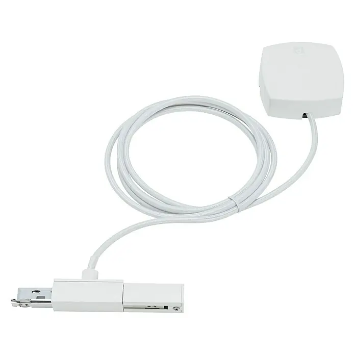 Paulmann URail Stromeinspeisung Cable Feed - Weiß, 2 m - Nahaufnahme eines weißen LED-Adapters mit Kabel und quadratischem Gehäuse vor schwarzem Hintergrund.