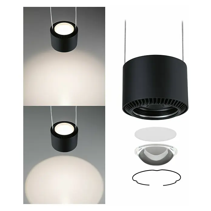 Paulmann URail LED-Pendelleuchte Aldan - Schwarz matt, Dimmbar - Abbildung einer modernen, schwarzen LED-Hängeleuchte. Das Design zeigt eine zylindrische Form mit detaillierten Komponenten für eine optimale Beleuchtung.