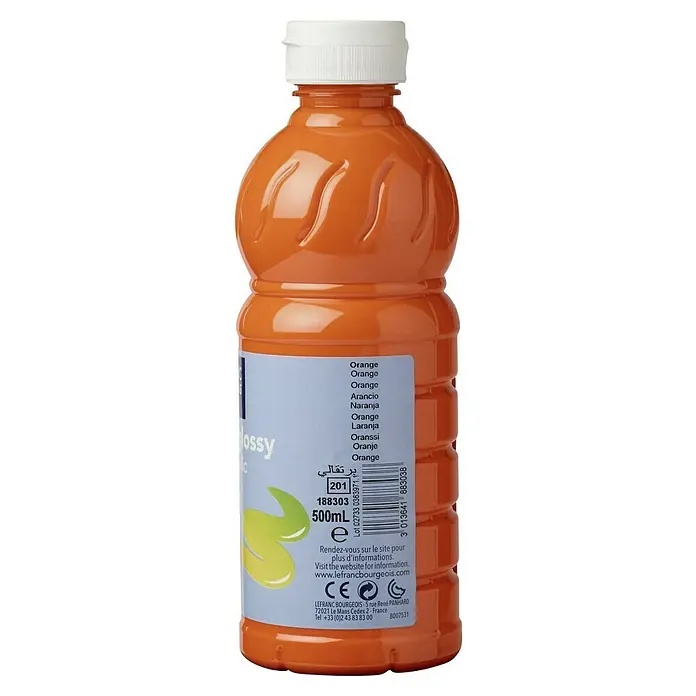 Lefranc & Bourgeois Acrylfarbe Glossy - Orange, 500 ml, Flasche - Nahaufnahme einer Flasche oranger Lefranc Bourgeois-Farbe, ideal für Kunstprojekte und Bastelarbeiten.