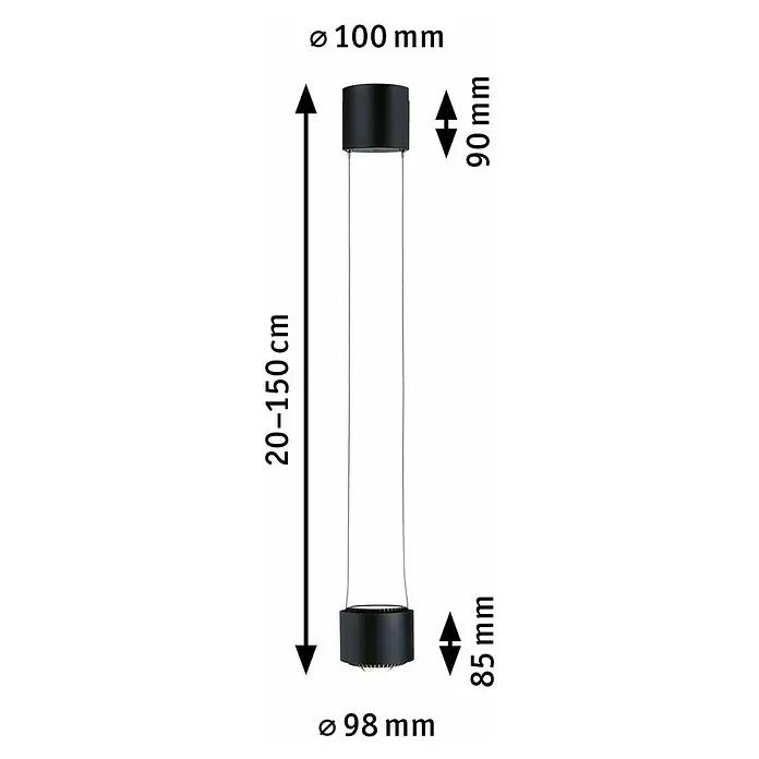 Paulmann URail LED-Pendelleuchte Aldan - Schwarz matt, Dimmbar - Abbildung einer schwarzen Pendelleuchte mit Maßangaben zu Höhe und Durchmesser. Das Leuchtendesign ist schlank und modern.